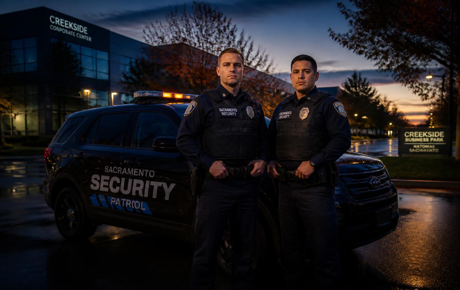 Licensed security guards near me standing beside a marked patrol vehicle in Sacramento, California